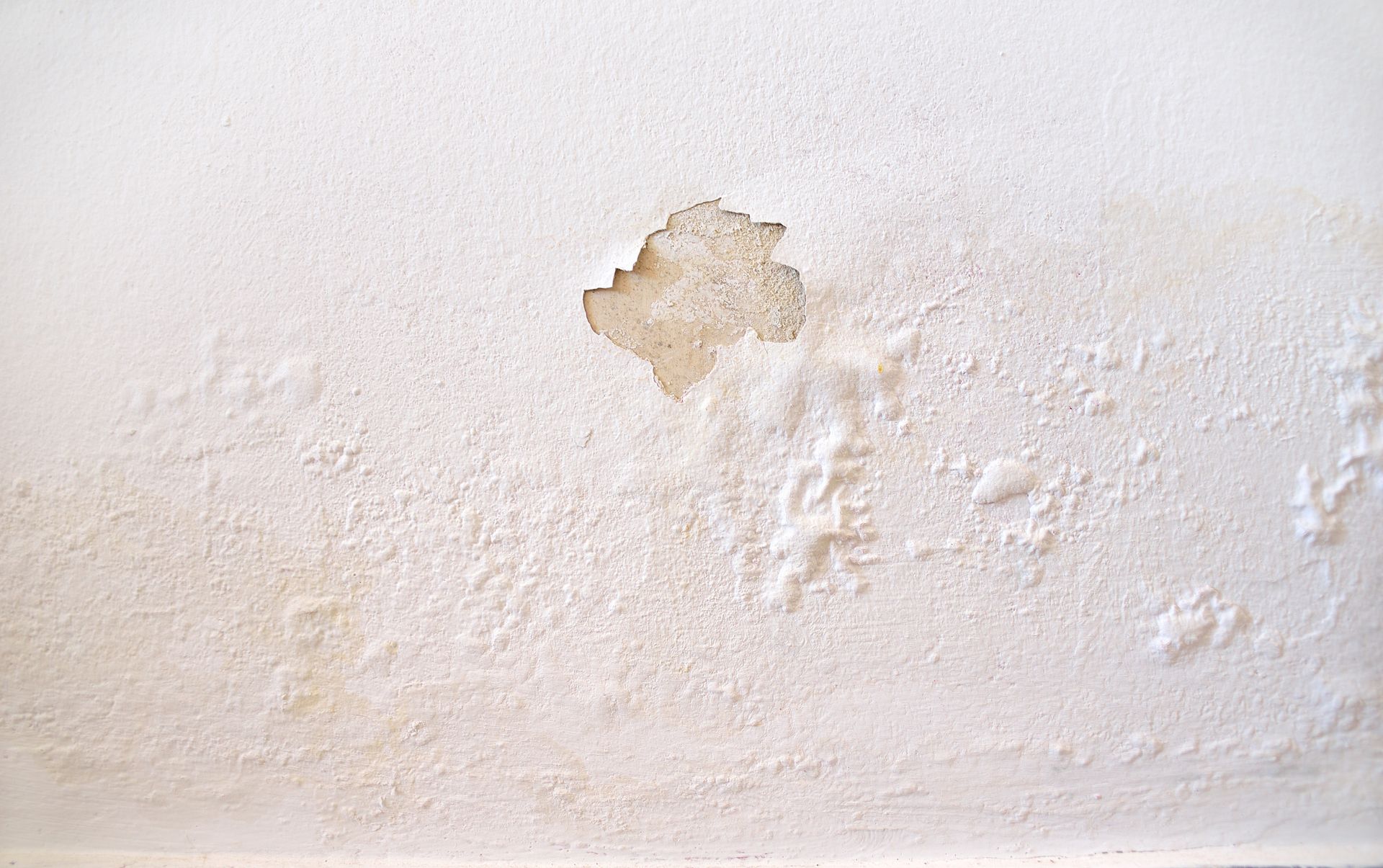 A white wall with peeling paint and a small brown water stain near the center.