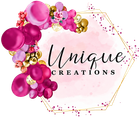Unique Creations logo with pink and gold floral balloons on a white background