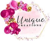 Unique Creations logo with pink and gold floral balloons on a white background