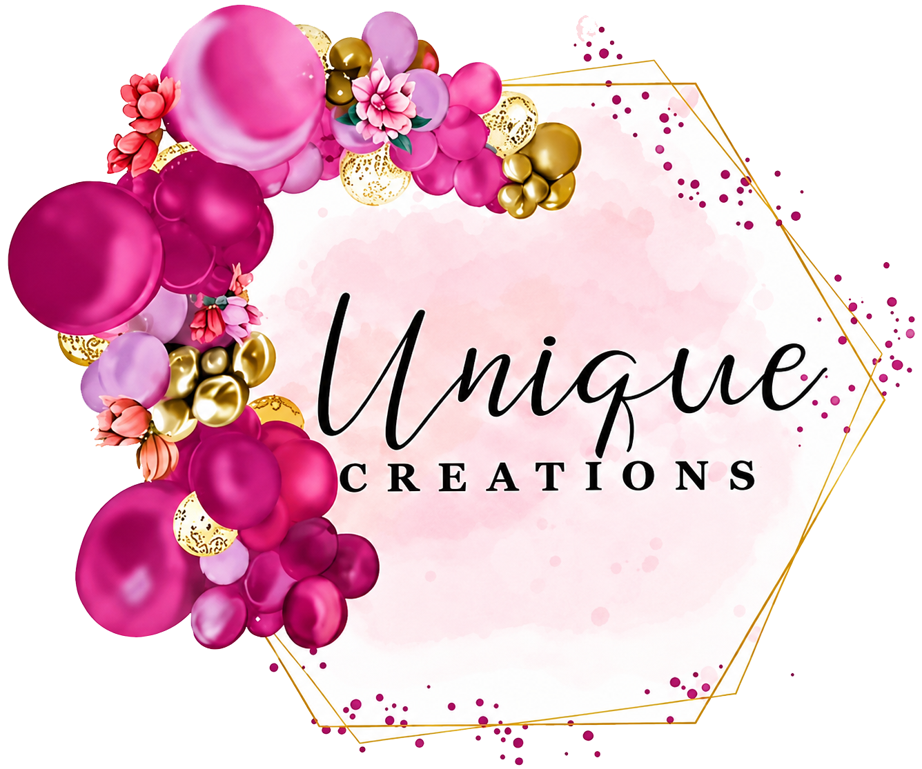 Unique Creations logo with pink and gold floral balloons on a white background