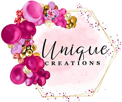 Unique Creations logo with pink and gold floral balloons on a white background