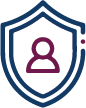 Burgundy person silhouette inside a dark blue shield.