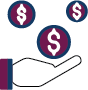 Hand holding out, receiving three coins with dollar signs.