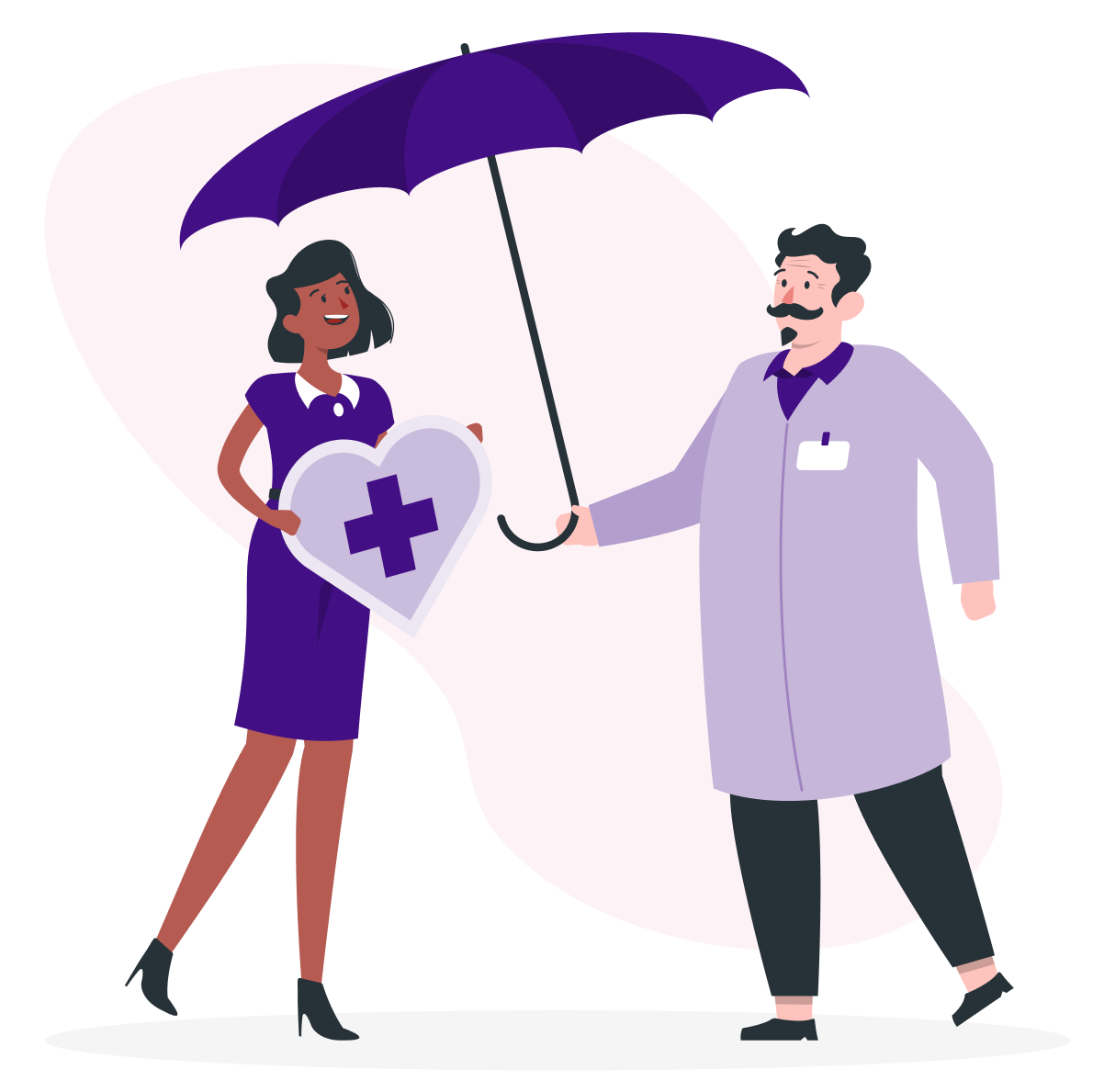 Nurse holding heart, doctor holding umbrella. Health protection concept, purple.