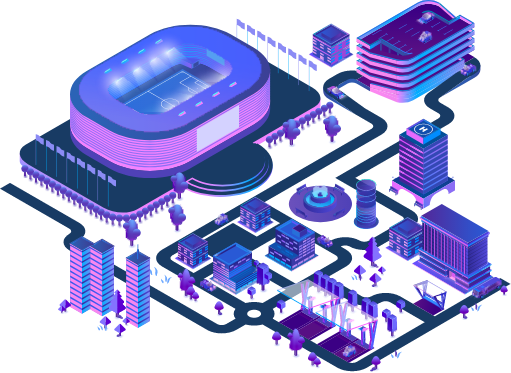 Isometric cityscape with stadium, buildings, roads, and trees in shades of blue and purple.