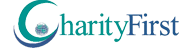 CharityFirst logo: teal crescent with globe, blue text.