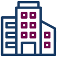 Office building with dark blue outline and maroon windows.