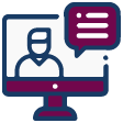 Person on computer screen with speech bubble.