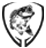 Shield-shaped emblem with a head and fish design, possibly a logo.