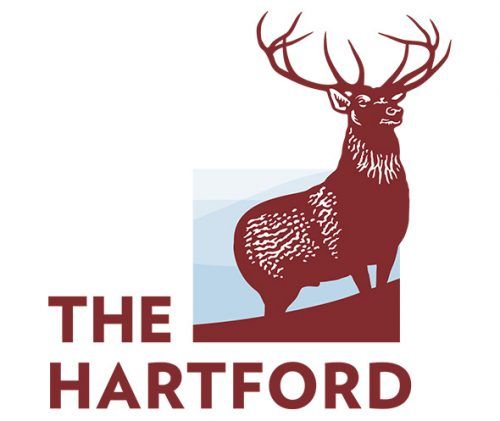 A maroon stag standing on a hillside with the words “The Hartford” next to it.