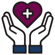 Hands cupping a purple heart with a white cross, promoting healthcare or support.