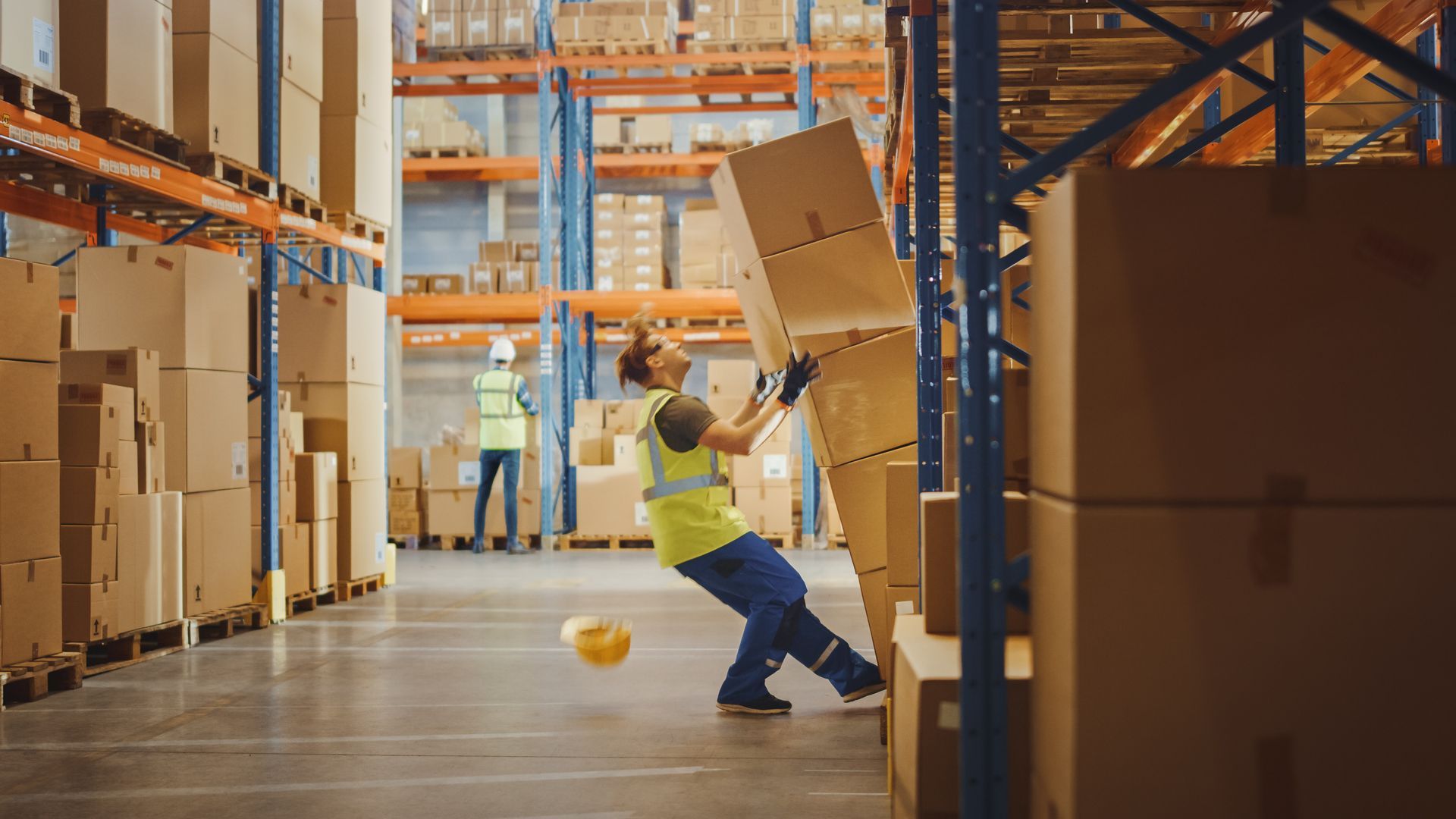 Warehouse worker struggling to keep stack of boxes from toppling over; a dropped hard hat visible.