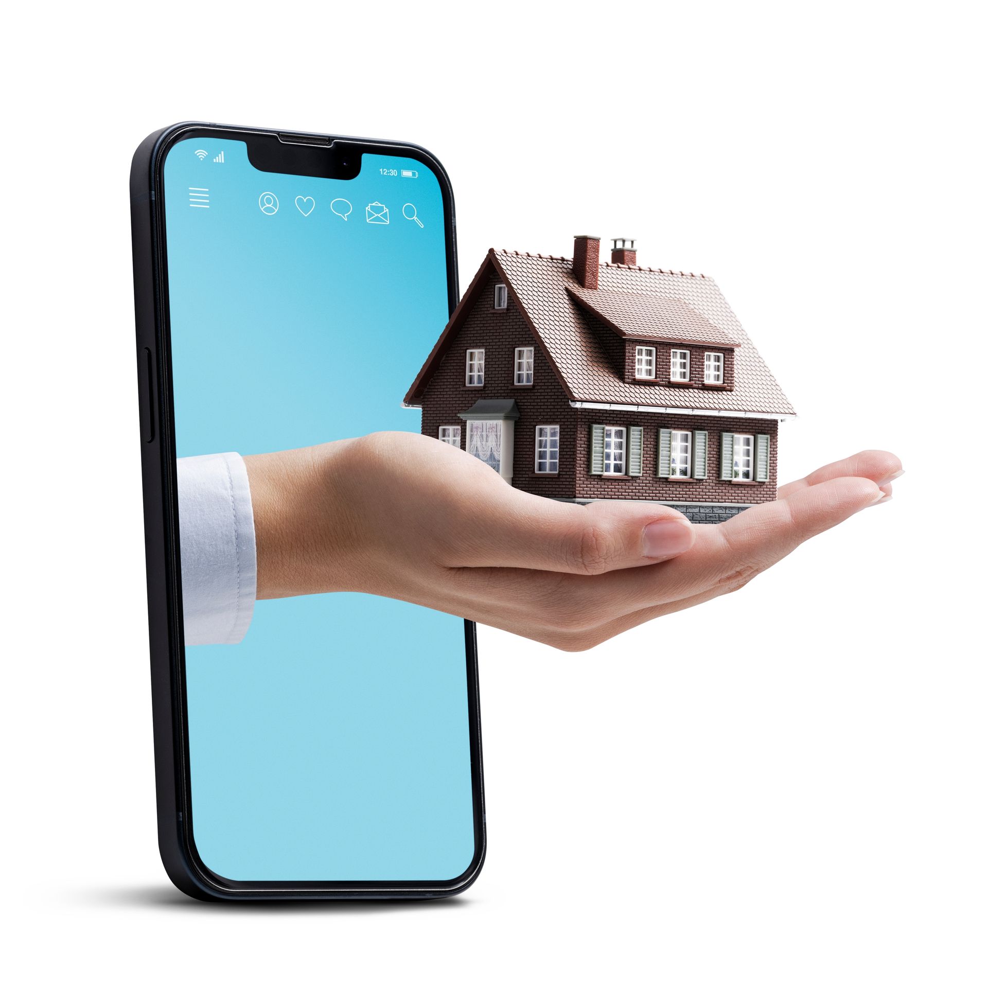 Hand emerging from a smartphone screen holding a miniature house, symbolizing online real estate.