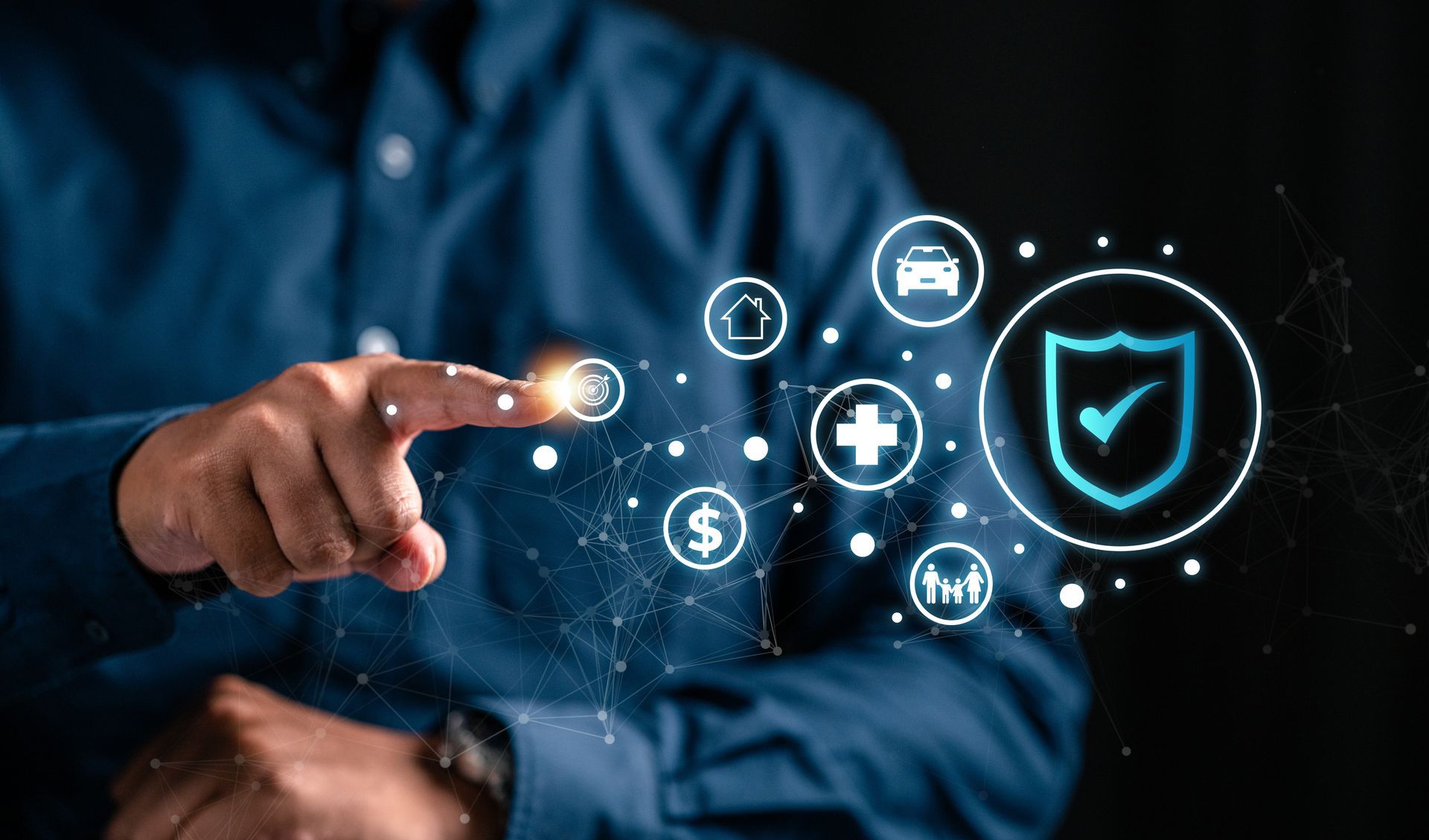 Person pointing at insurance icons: home, car, health, money, family, and a shield.