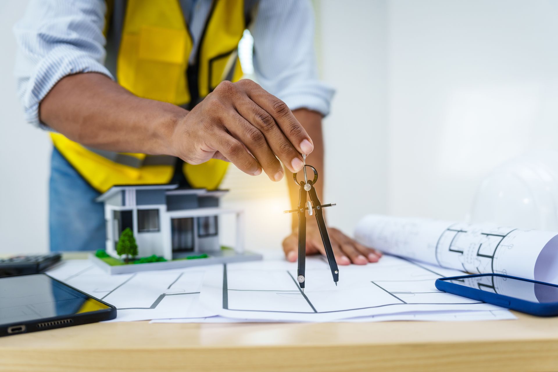 Person in safety vest using a compass on a blueprint, model house, tablet, phone, and hard hat on a desk.