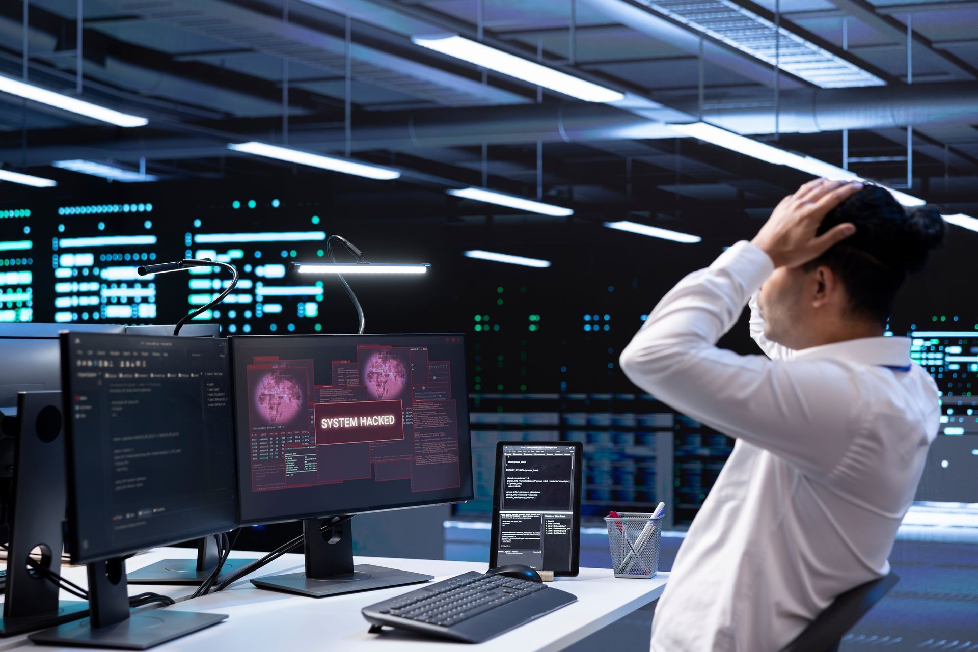 Man stressed in a server room, hands on head, looking at computer screens with data visualizations.