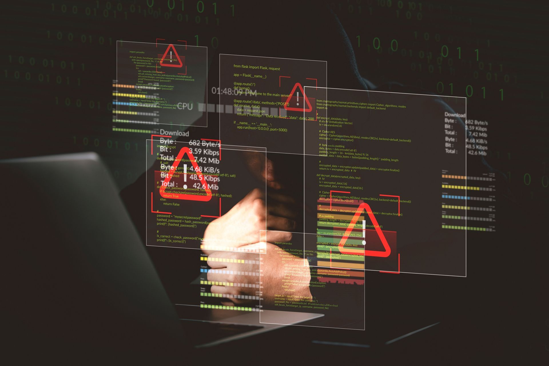 Person hacking on a laptop with overlaid code and alert symbols. Dark setting.