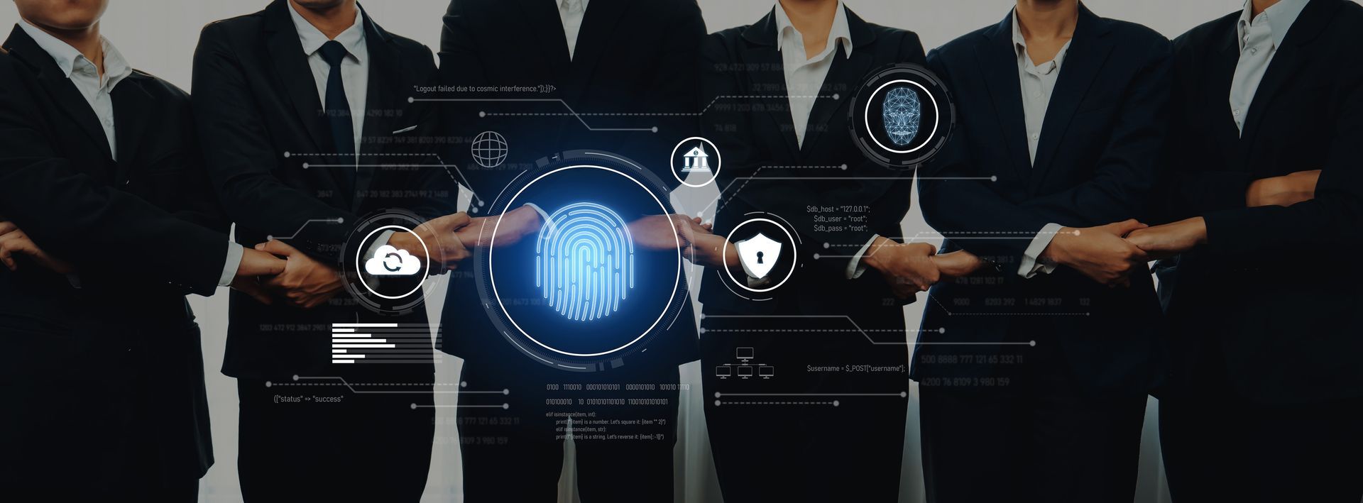 Business people in suits with digital fingerprint technology.