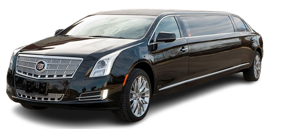 Black Cadillac limousine with chrome accents, on white background.