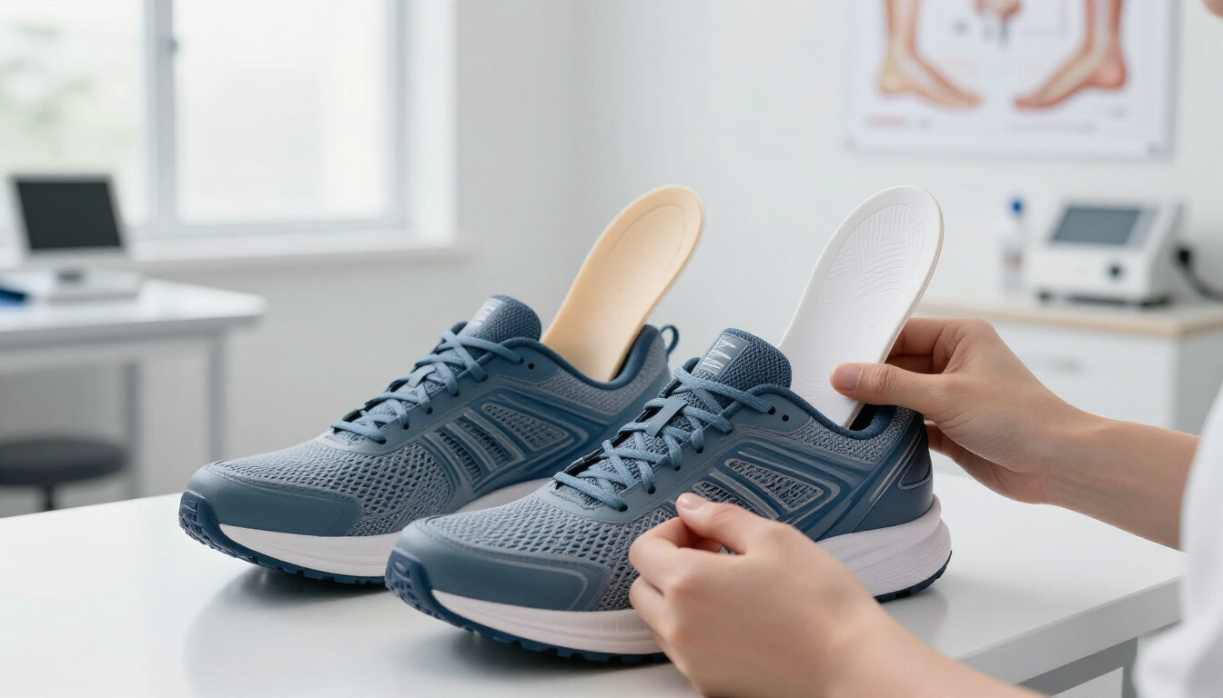 Custom orthotic inserts placed next to a pair of athletic shoes in a professional clinic setting.