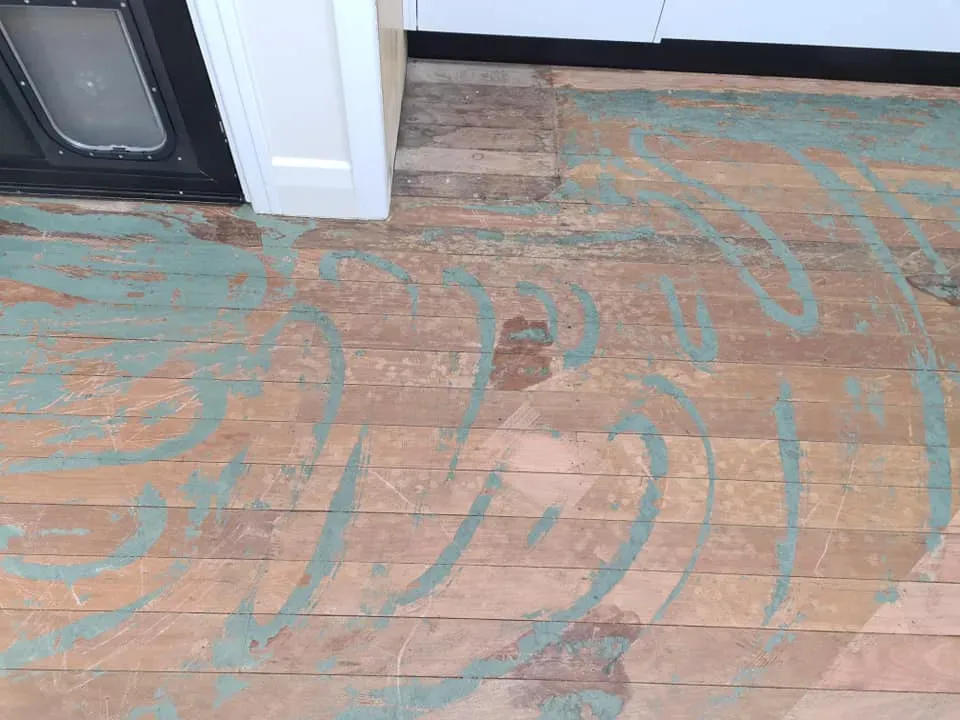 A Wooden Floor With Blue Paint on It in a Kitchen — Alan Aldridge Floor Sanding in Maryborough, QLD