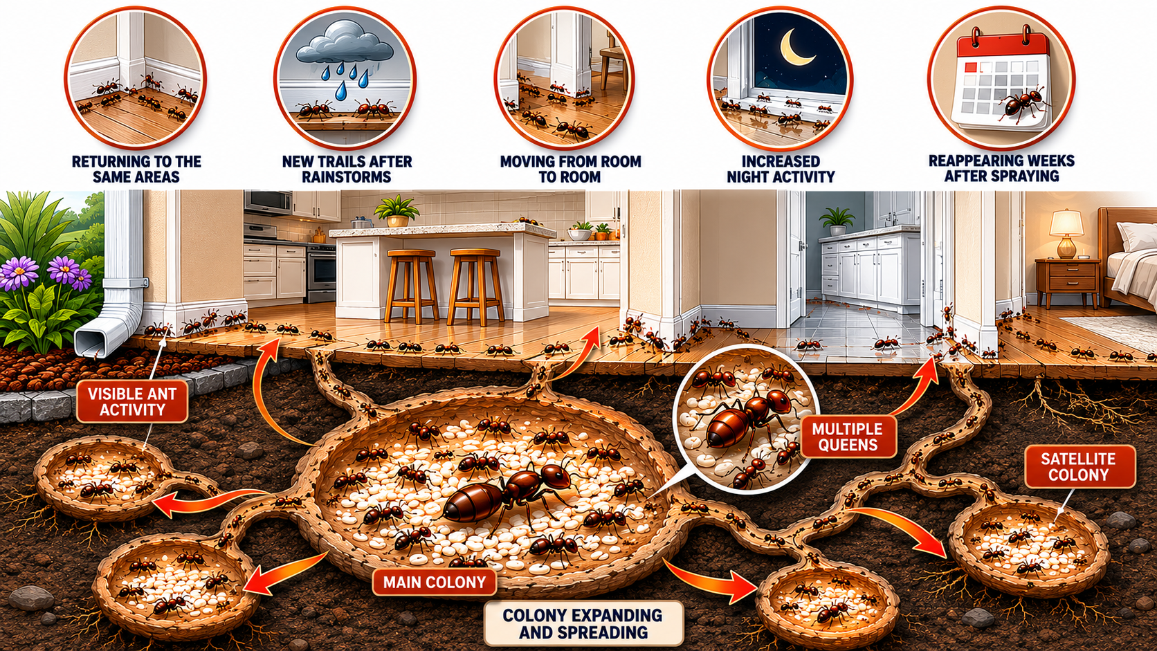 Illustration showing a hidden ant colony spreading beneath a Florida home after DIY treatment.