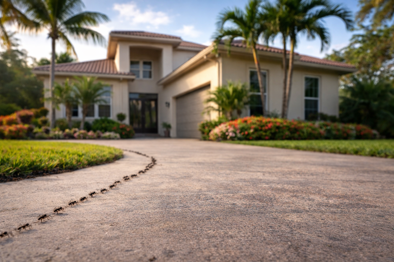 Ant trail crossing a driveway in front of a South Florida home, a common early sign of a pest infestation in Weston FL.