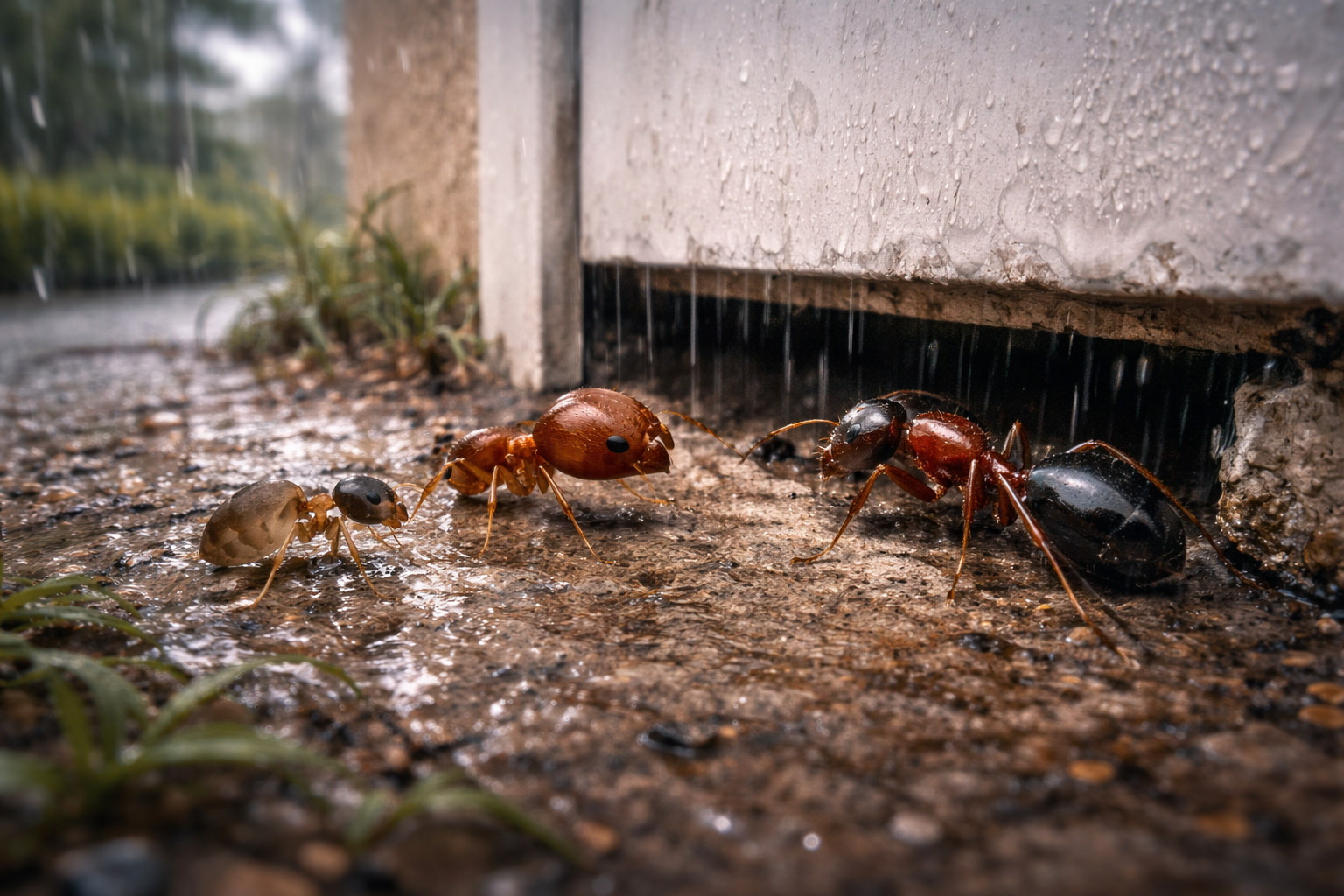 Ants huddle in rain near building. Orange and black ants in wet outdoor setting.