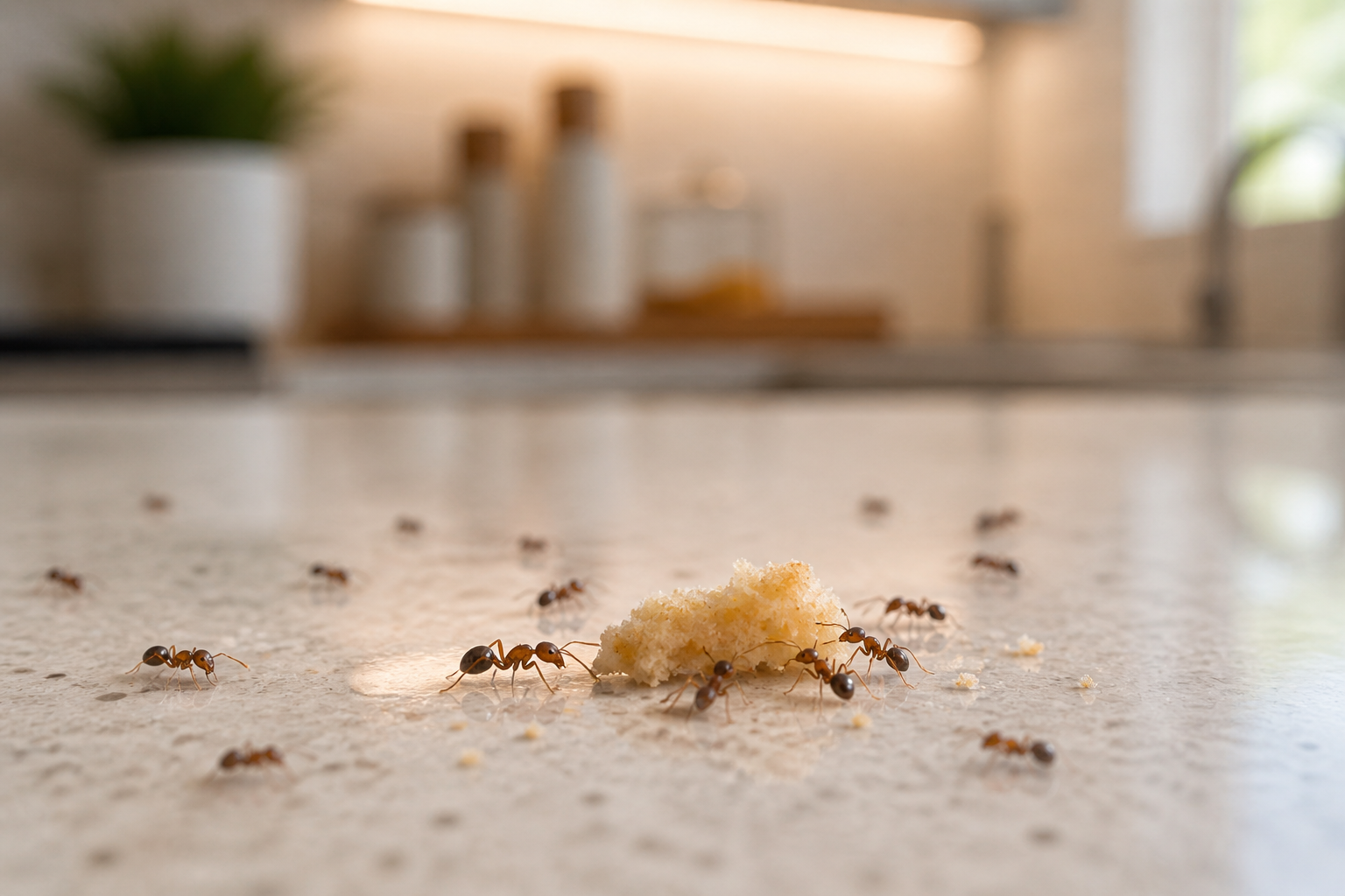 Ants eating crumbs on a kitchen counter in a South Florida home