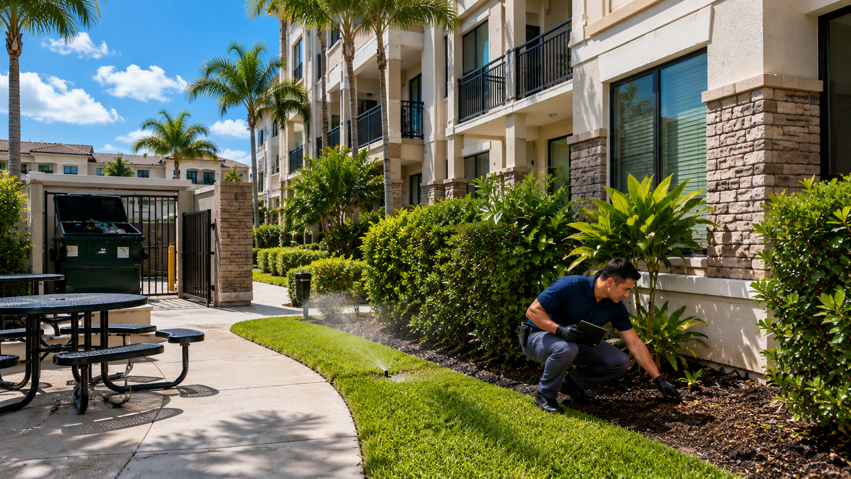 Apartment community with landscaping and other common ant attractants in South Florida.