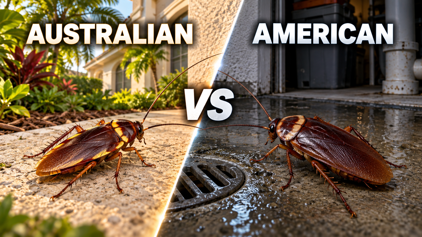 Australian vs. American cockroaches around a South Florida home.