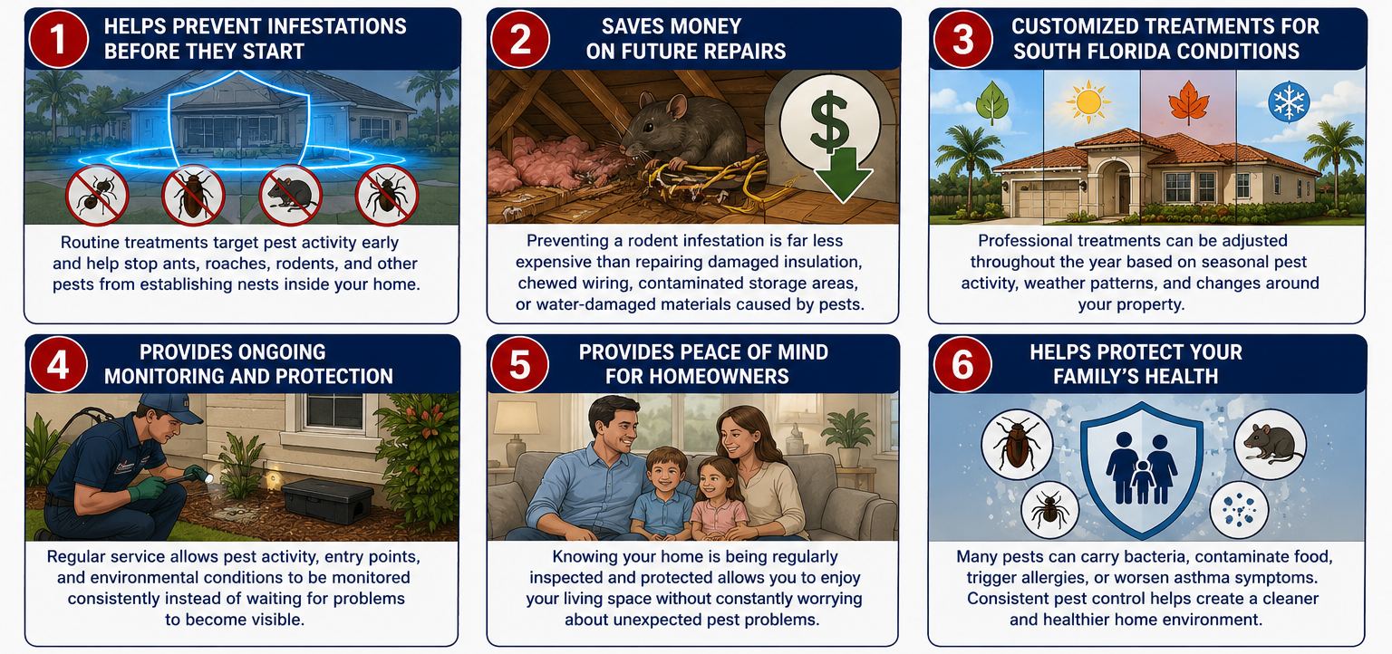 Infographic showing the benefits of recurring pest control for South Florida homeowners.