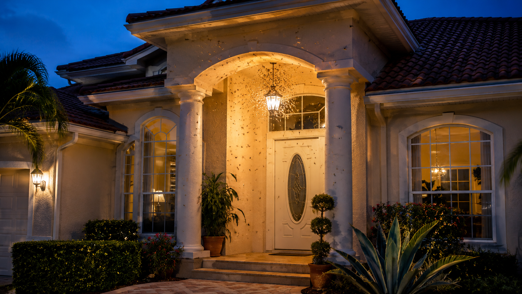 Outdoor bugs gathering around a hanging porch light at the front entrance of a South Florida home during the evening