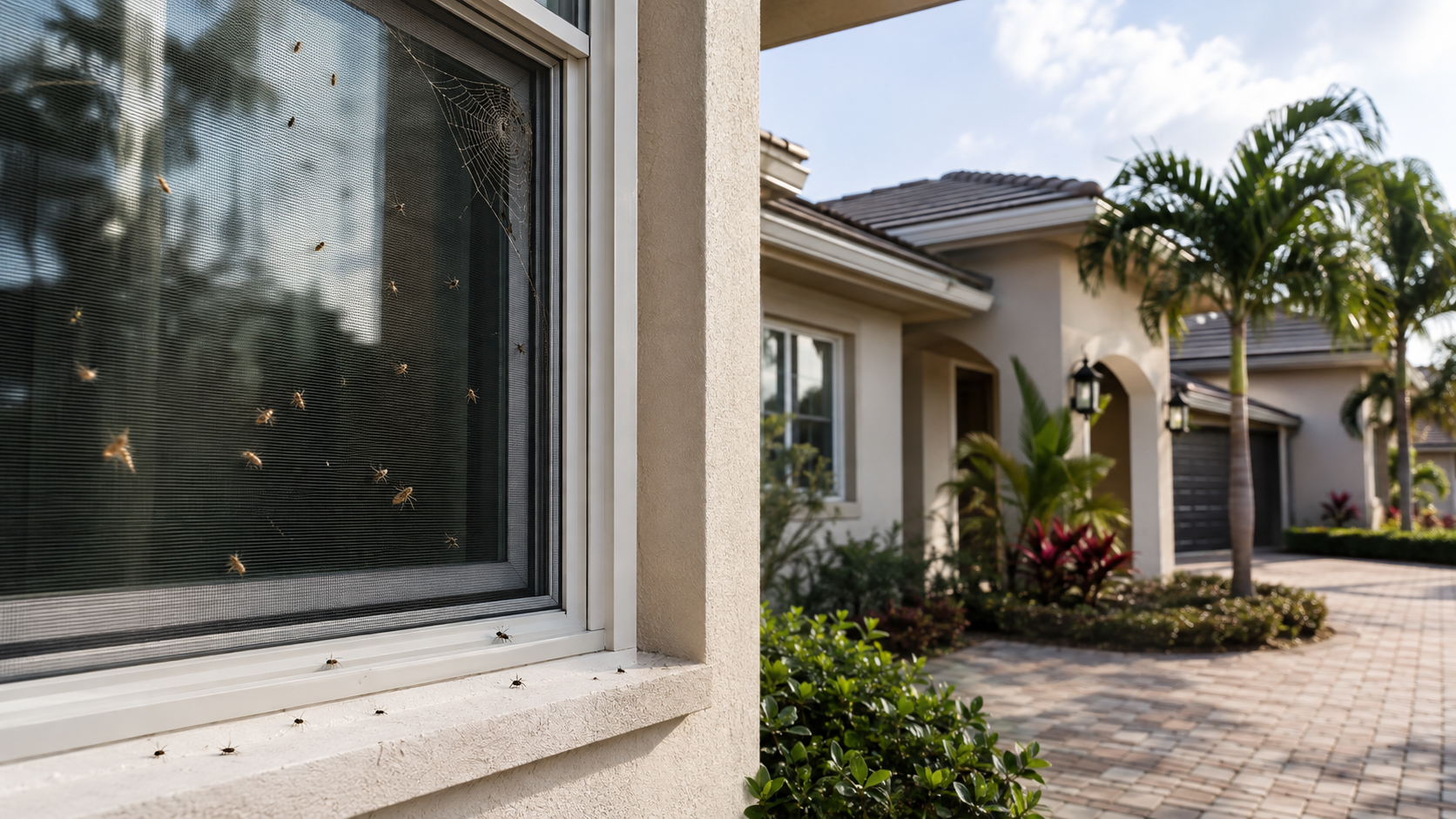Bugs gathering around a window screen at a South Florida home