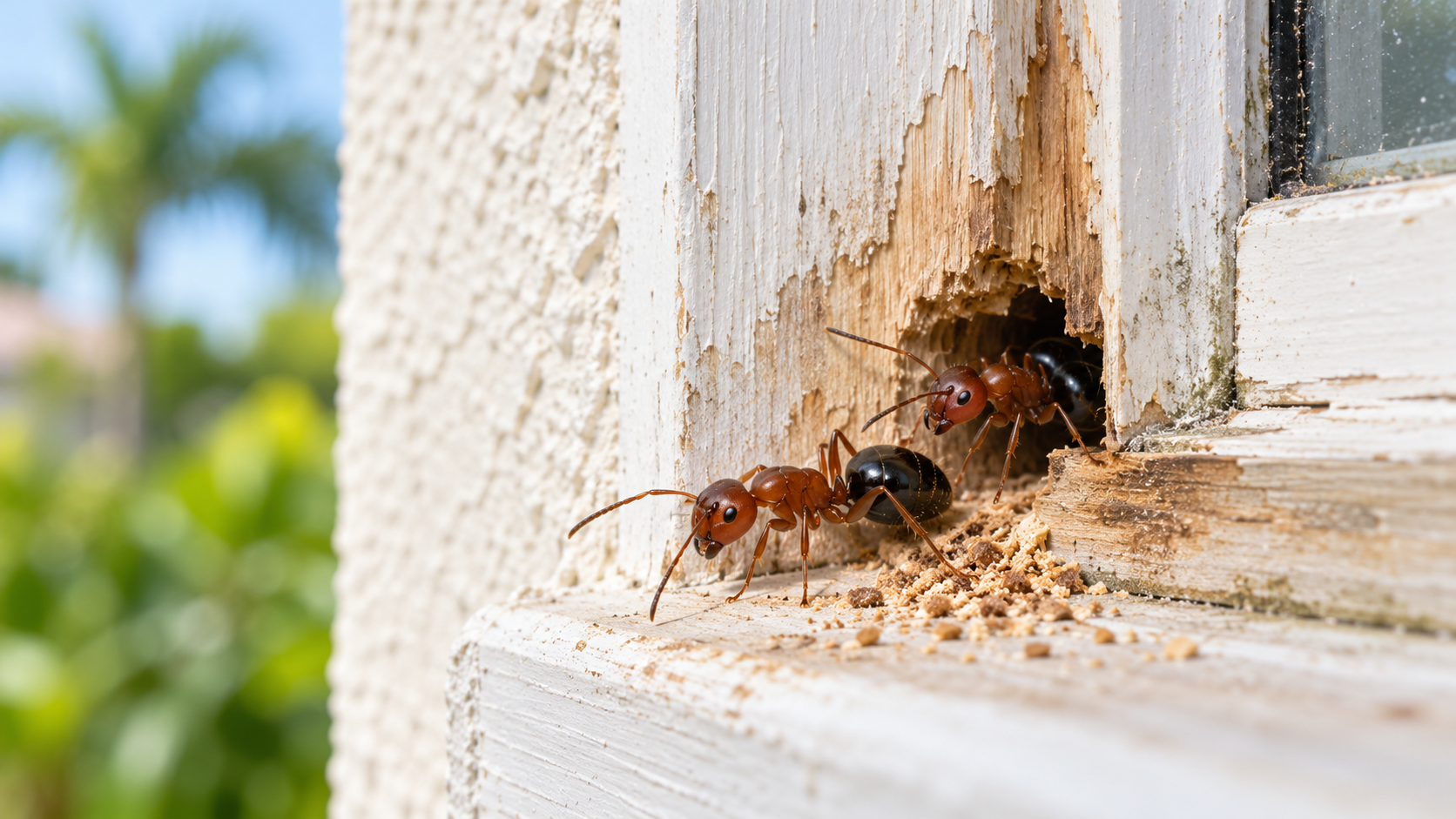 Carpenter ants emerging from moisture-damaged wood around a South Florida window