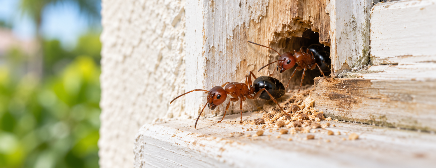 Carpenter ants emerging from moisture-damaged wood around a South Florida window