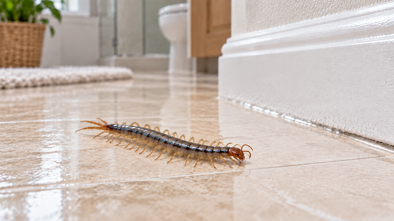 Centipede on bathroom floor in a South Florida home.