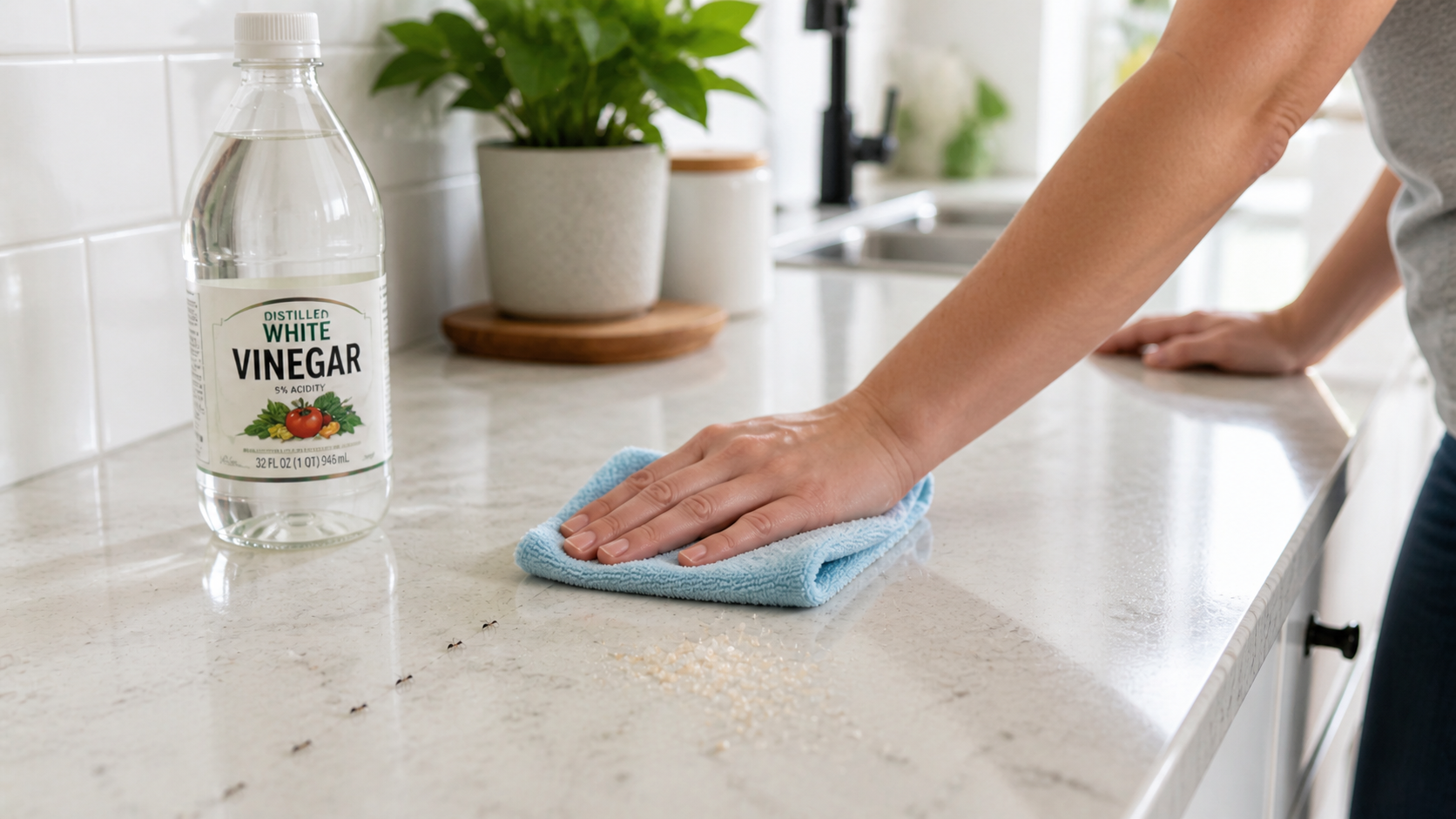 Homeowner cleaning ant trail with vinegar on kitchen counter with sugar crumbs