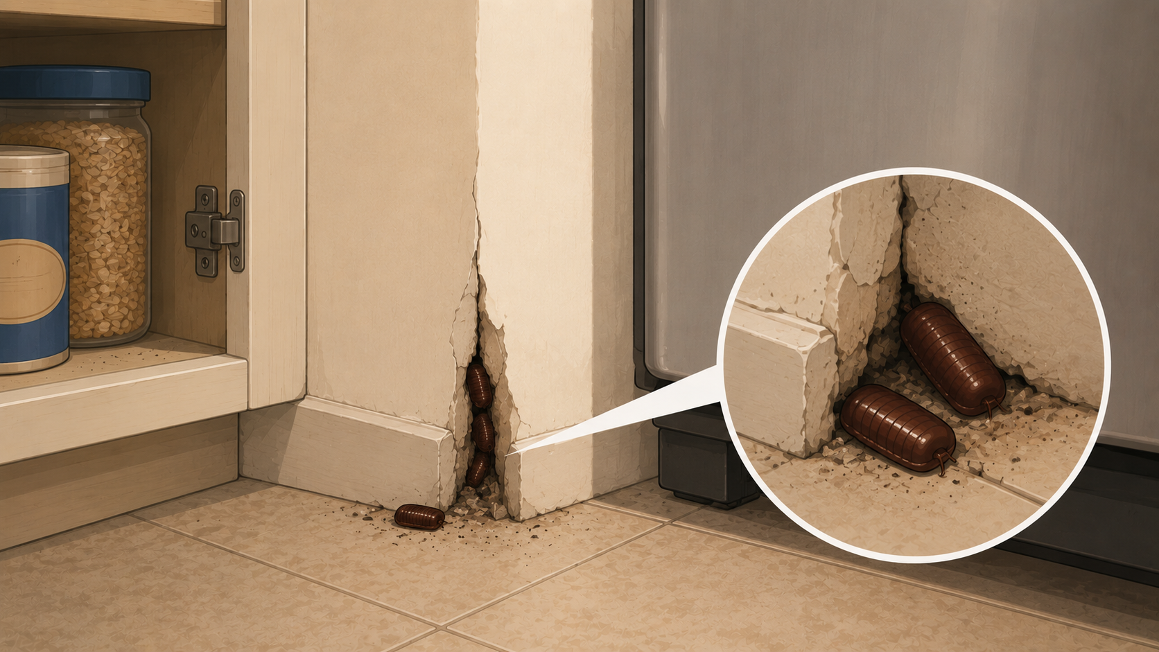 Cockroach egg casings hidden near kitchen cabinets and baseboards inside home cracks
