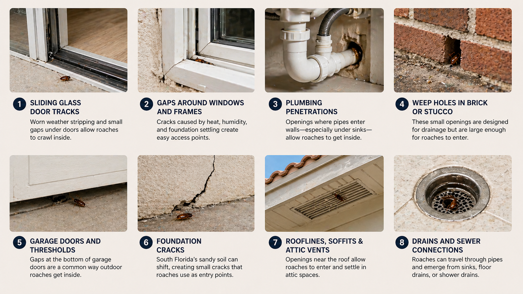 Common cockroach entry points including door gaps, plumbing openings, vents, and drains
