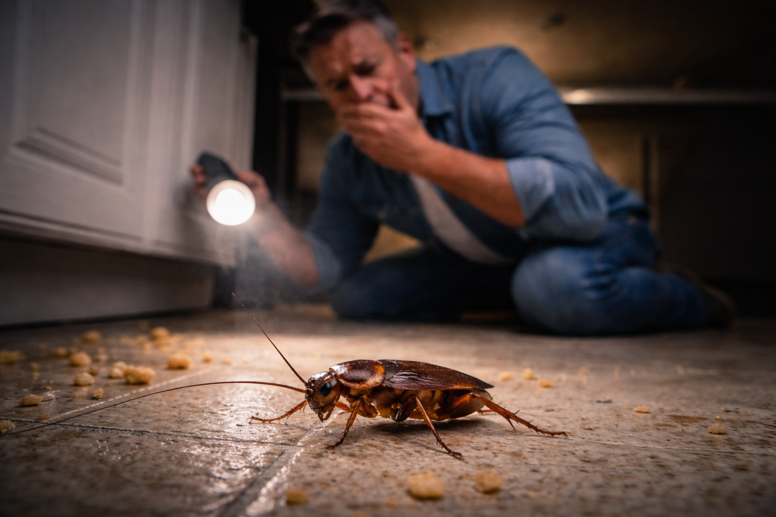 Man with flashlight spots a cockroach on a floor near a cabinet; he is visibly shocked.