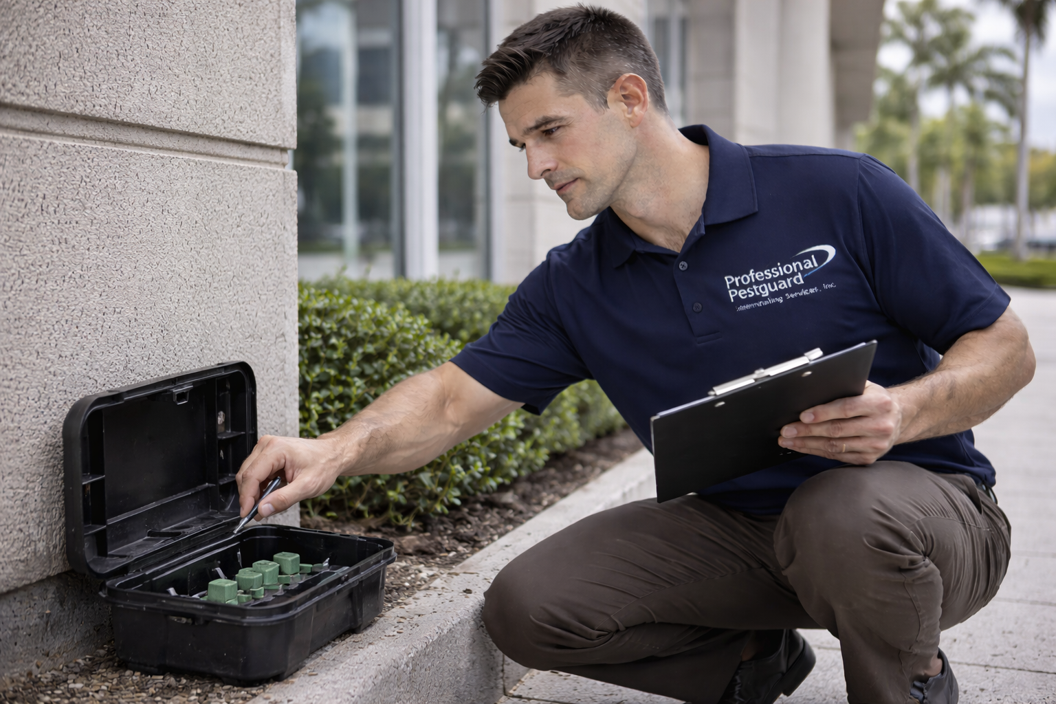 Man in blue shirt, checking a pest control bait box near a building; holding a clipboard.