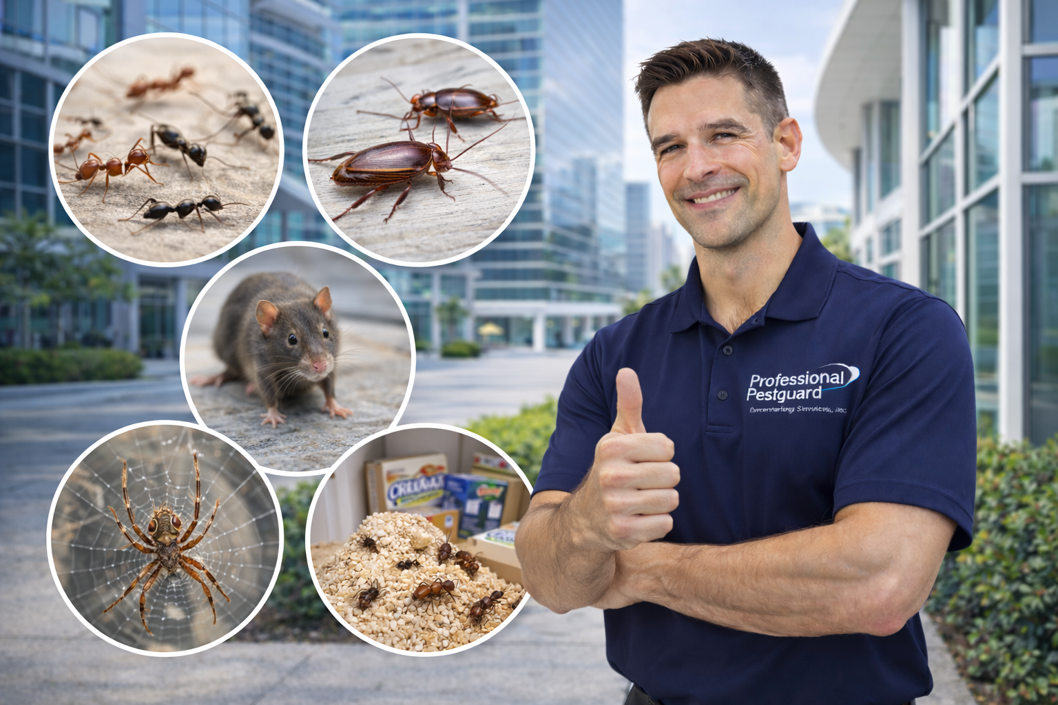 Commercial pest control technician outside office building with common business pests in South Florida