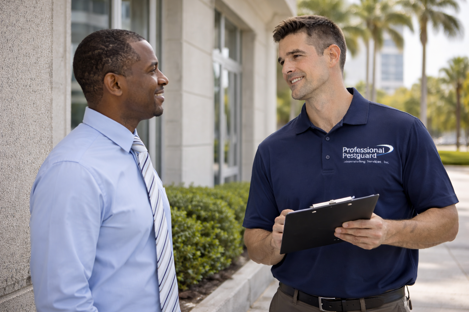 Man in business attire talking to a man in a navy polo shirt, holding a clipboard, outside a building.