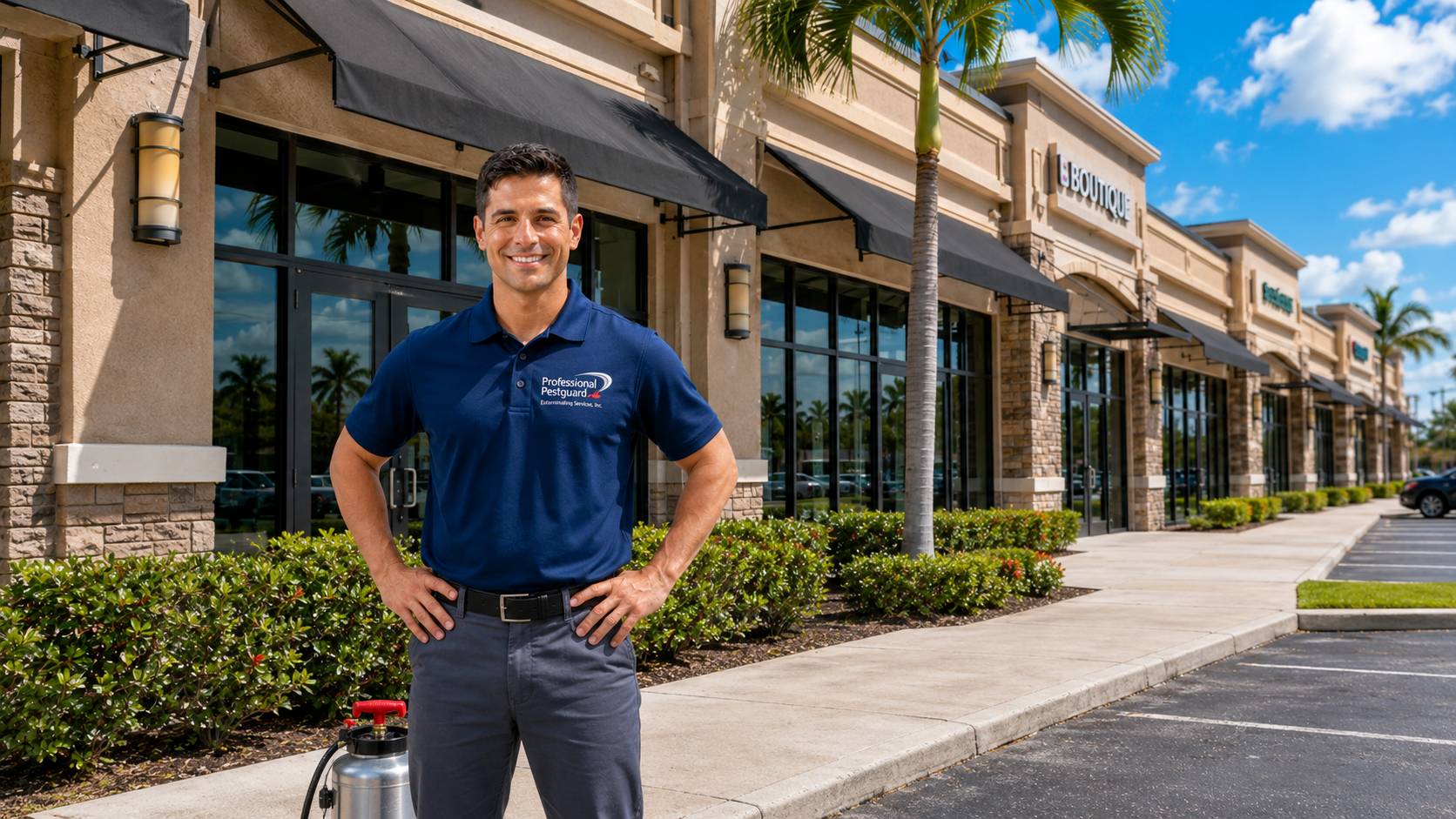 Professional pest control technician standing outside a South Florida retail plaza