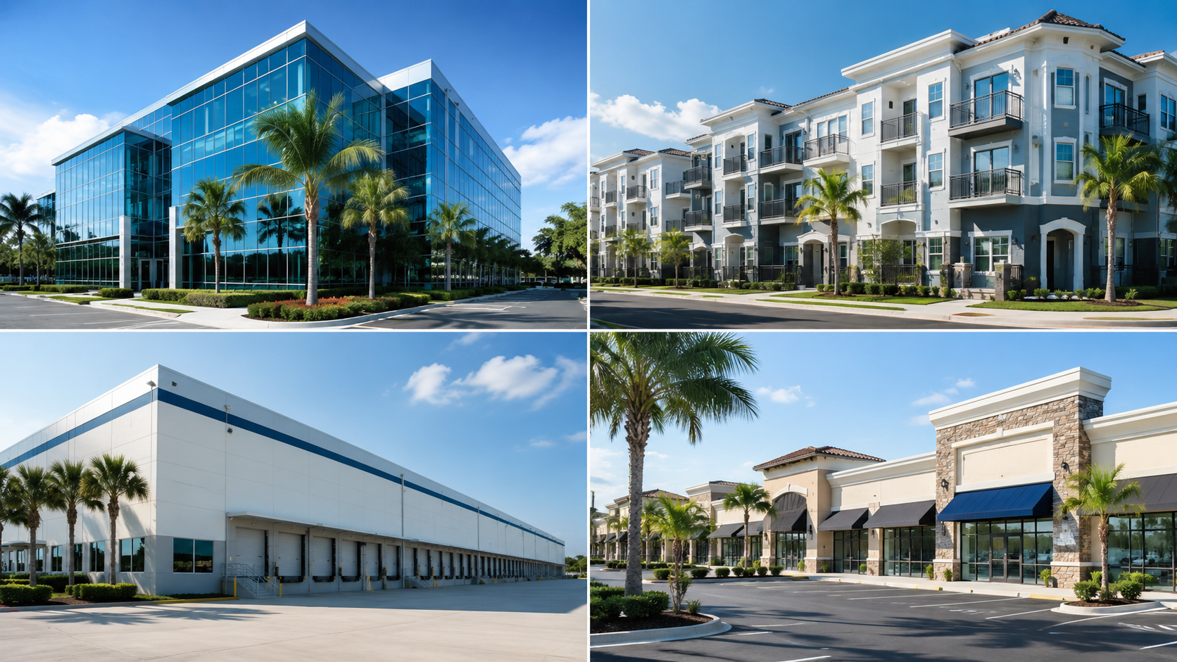 Commercial office building, apartment community, warehouse, and retail plaza in South Florida