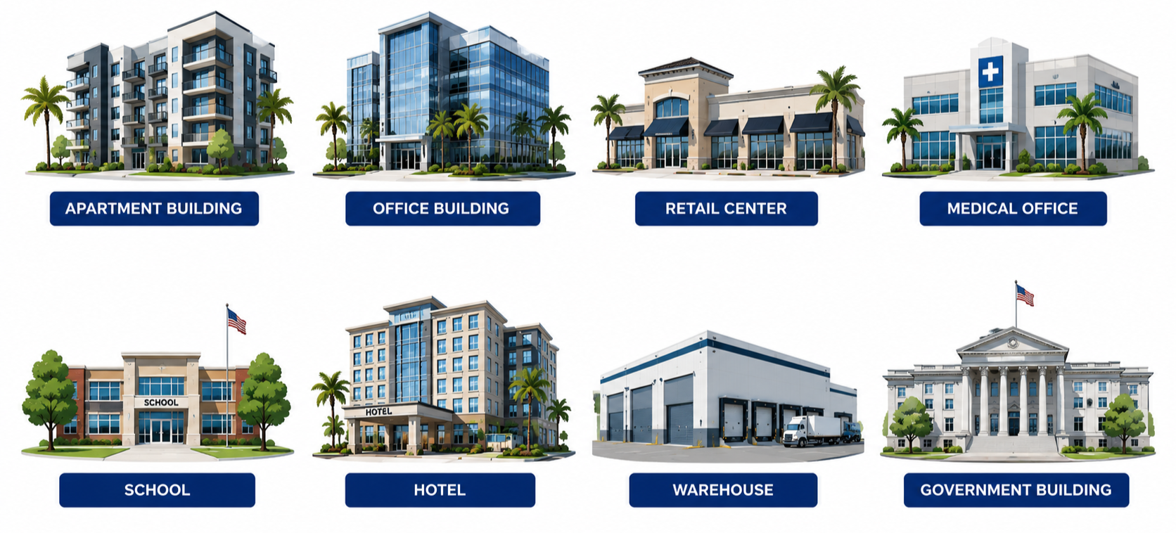 Illustration of commercial properties that benefit from commercial pest control services