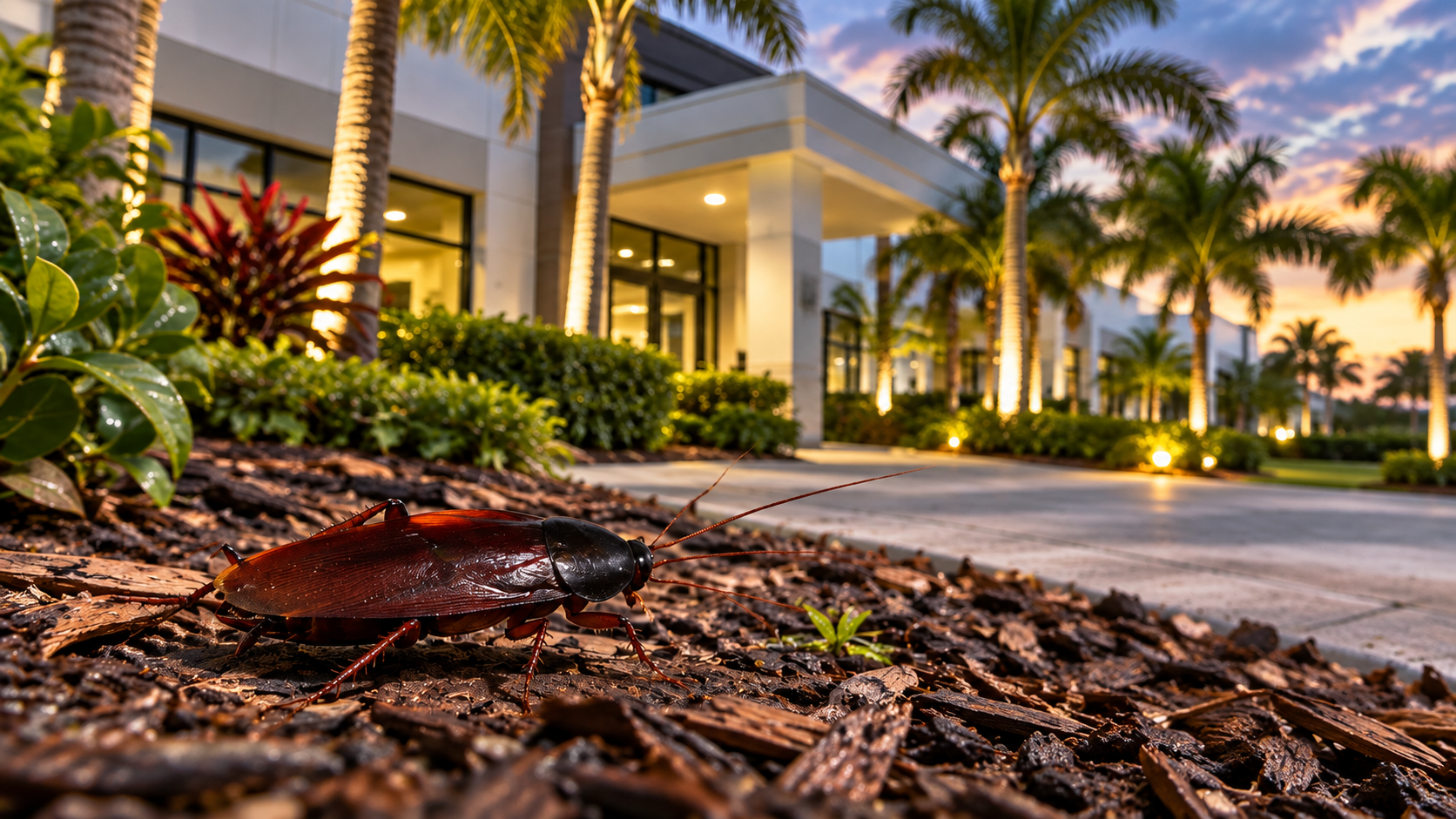 Smokybrown roach in mulch outside a South Florida commercial building.