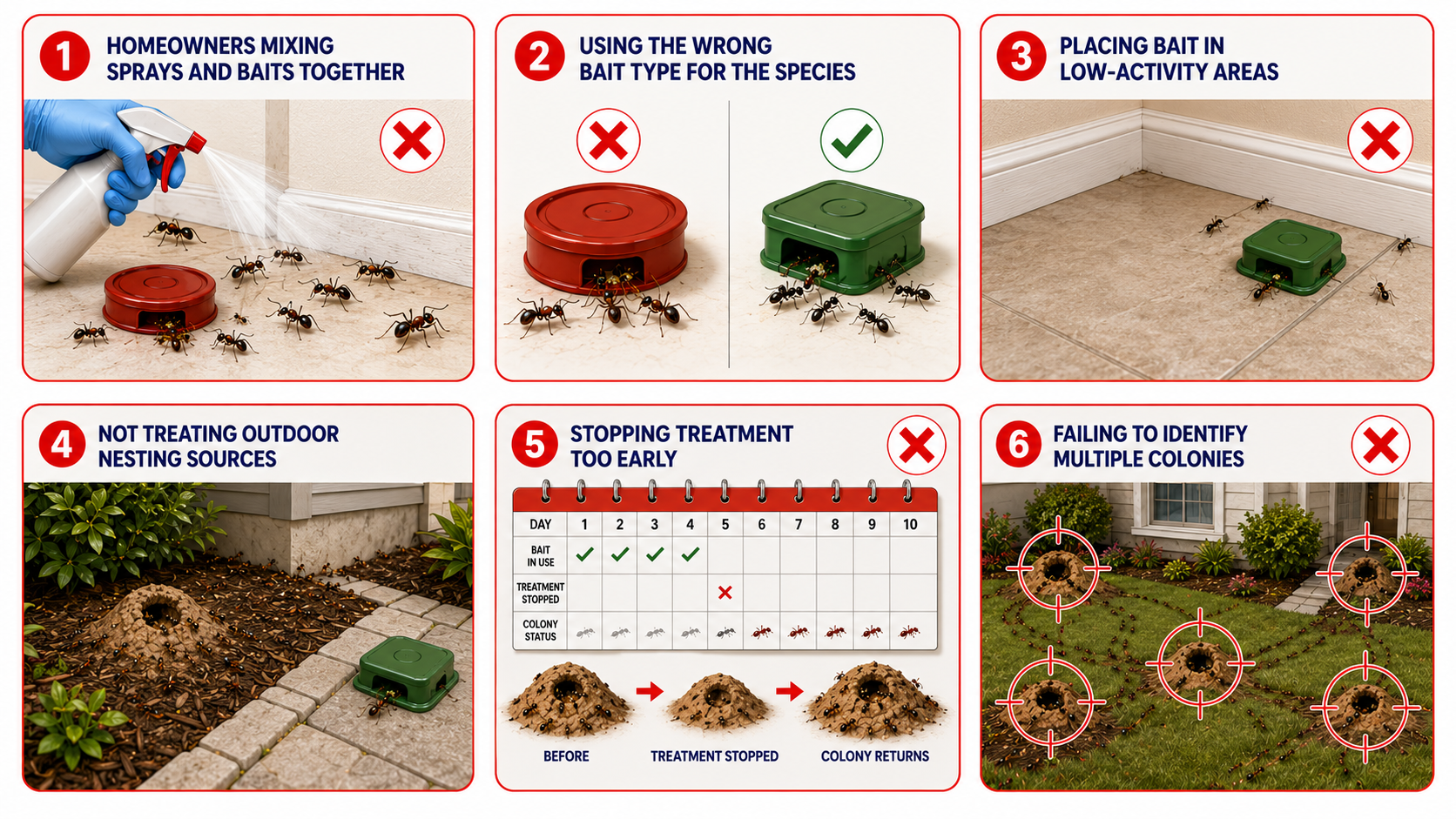 Illustration showing common ant bait mistakes that can cause recurring ant infestations in Florida homes.
