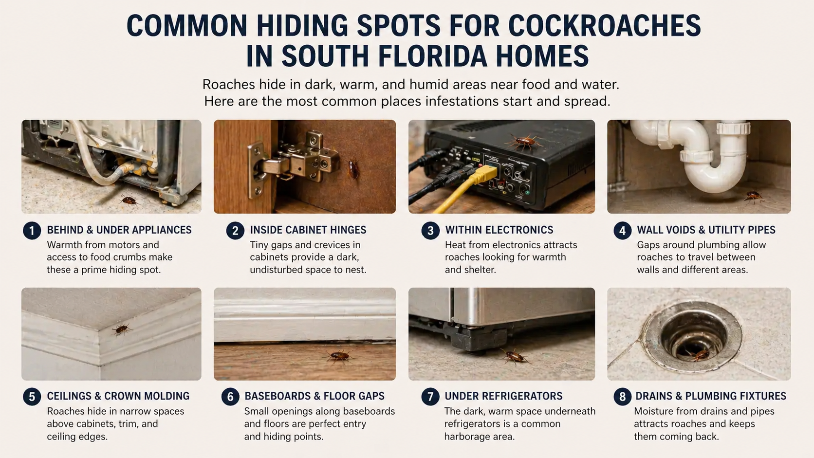 Common cockroach hiding spots including cabinets, appliances, pipes, and drains
